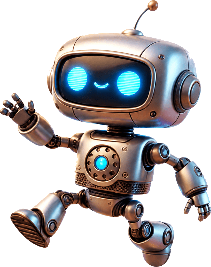 Friendly copper robot waving while sitting on the name